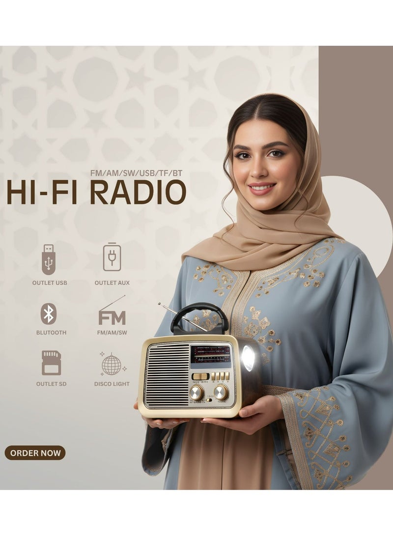 راديو محمول HI-FI بثلاث قنوات FM - AM - SW ذهبي/بني/أسود بلوتوث AUX بطاقة TF قرص فلاش USB - Image 3